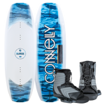 Surge wakeboard shown from top and base views, featuring a blue camo design, with a pair of gray and black Optima bindings.