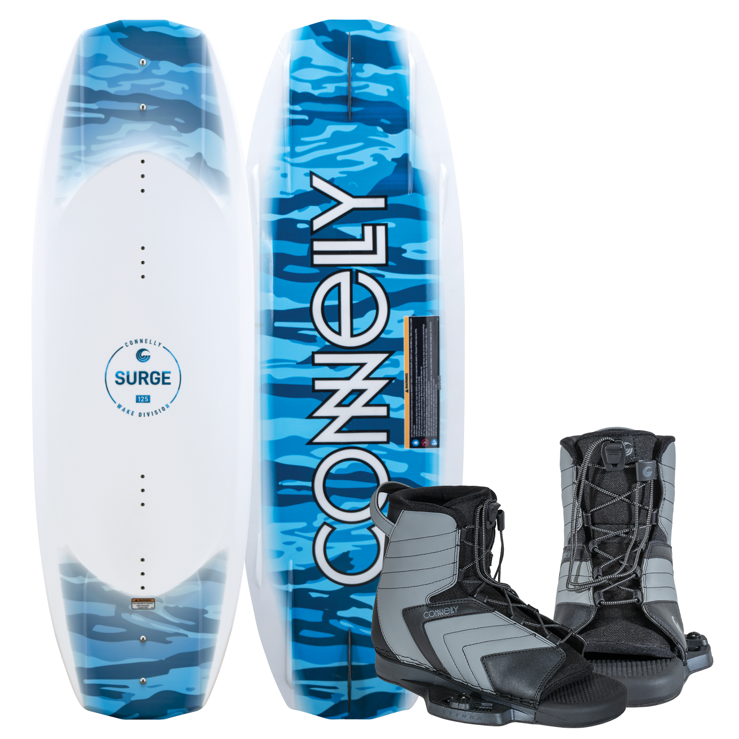 Surge wakeboard shown from top and base views, featuring a blue camo design, with a pair of gray and black Optima bindings.