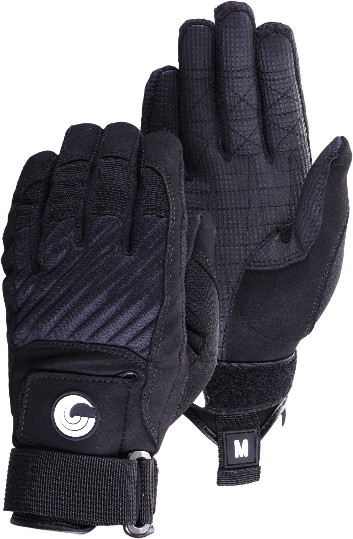 Set of Men's Tournament Gloves in black, highlighting grip texture, reinforced fingers, and wrist straps.