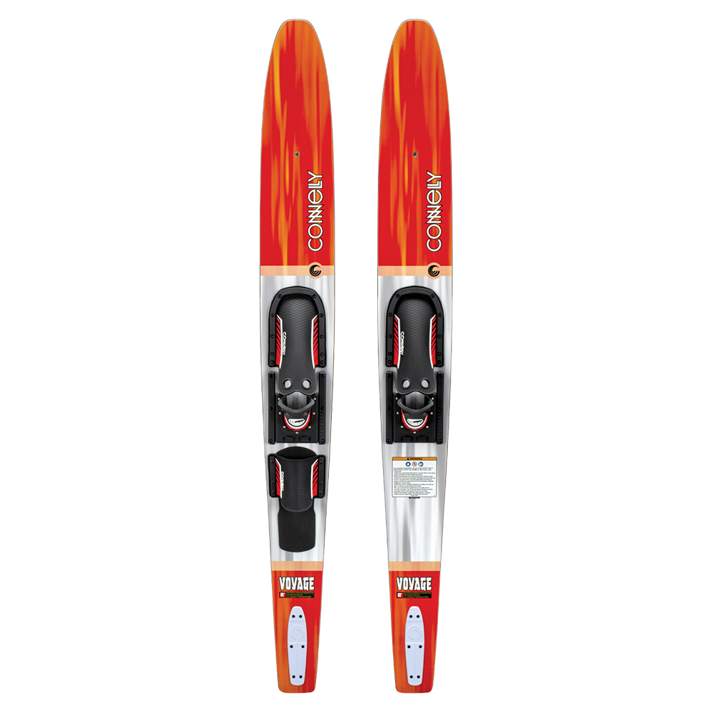 Top view of the Voyage, a pair of red and silver combo water skis featuring black adjustable bindings.