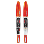 Top view of the Voyage, a pair of red and silver combo water skis featuring black adjustable bindings.