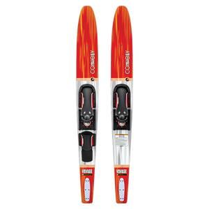 Top view of the Voyage, a pair of red and silver combo water skis featuring black adjustable bindings.