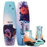 Front and base view of the Wild Child wakeboard with Karma bindings, featuring a floral design and gradient color scheme.