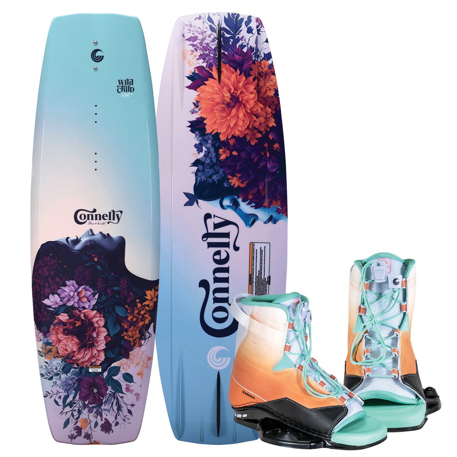 Front and base view of the Wild Child wakeboard with Karma bindings, featuring a floral design and gradient color scheme.