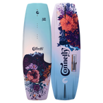Top and base view of the Wild Child wakeboard, featuring a floral design with a gradient blue and purple background.