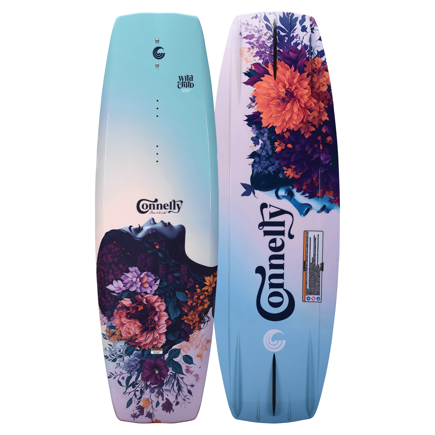 Top and base view of the Wild Child wakeboard, featuring a floral design with a gradient blue and purple background.