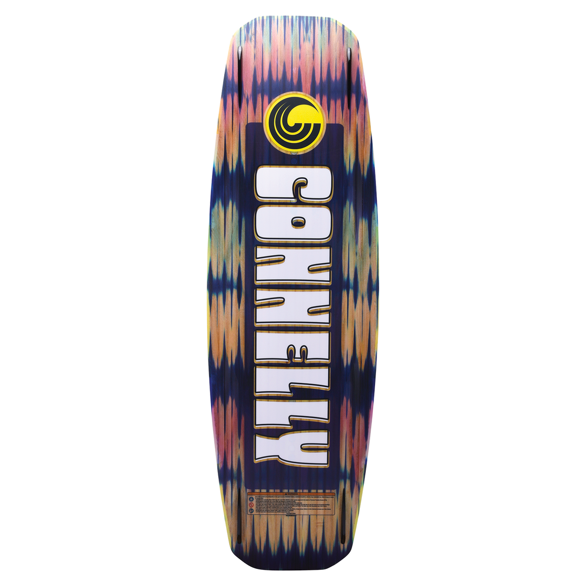 Base view of the Woodro wakeboard with a blue and yellow gradient pattern and a centered Connelly logo with a dragon design.