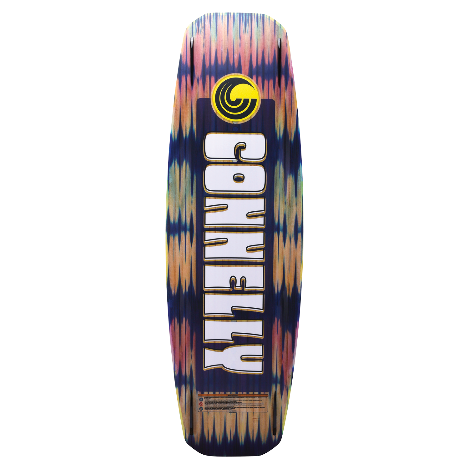 Base view of the Woodro wakeboard with a blue and yellow gradient pattern and a centered Connelly logo with a dragon design.