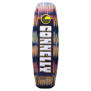 Base view of the Woodro wakeboard with a blue and yellow gradient pattern and a centered Connelly logo with a dragon design.