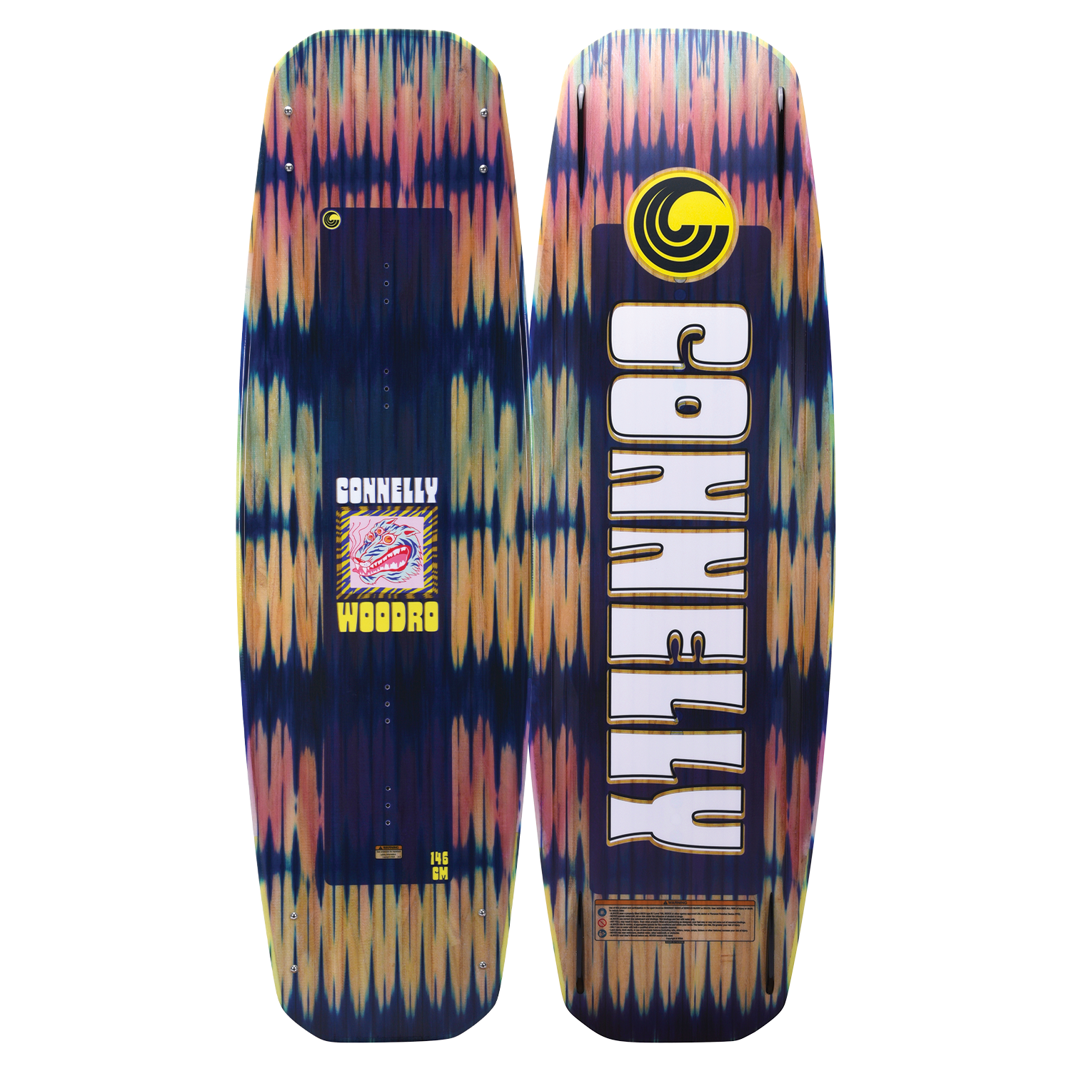 Top and base view of the Woodro wakeboard showing the blue gradient pattern, white branding, and graphic logo.