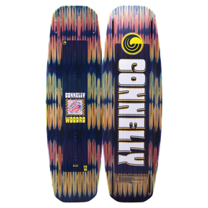 Top and base view of the Woodro wakeboard showing the blue gradient pattern, white branding, and graphic logo.