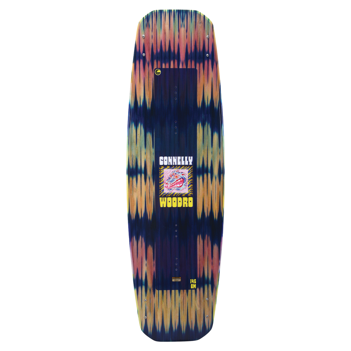 Top view of the Woodro wakeboard with a blue and yellow gradient pattern and large white "Connelly" text.