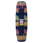 Top view of the Woodro wakeboard with a blue and yellow gradient pattern and large white "Connelly" text.