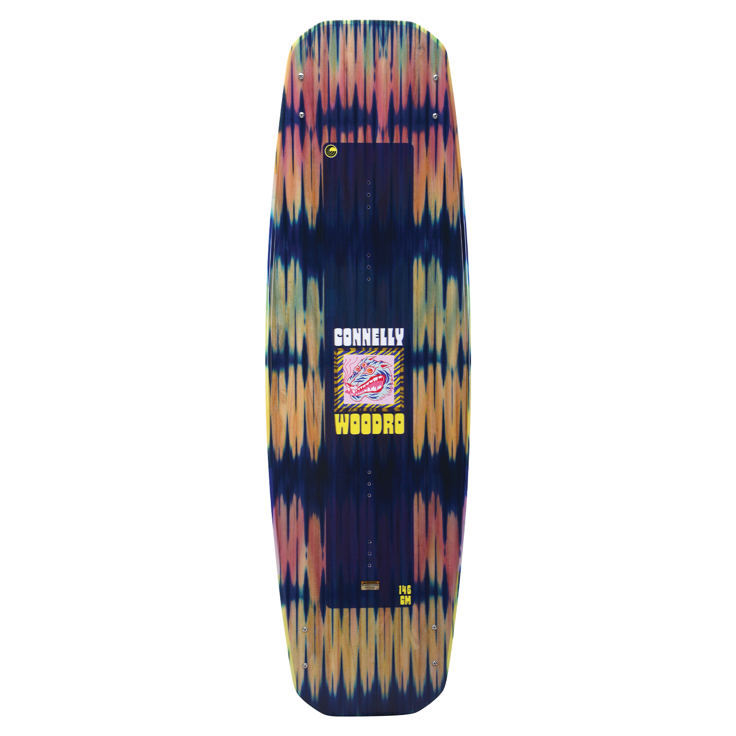 Top view of the Woodro wakeboard with a blue and yellow gradient pattern and large white "Connelly" text.