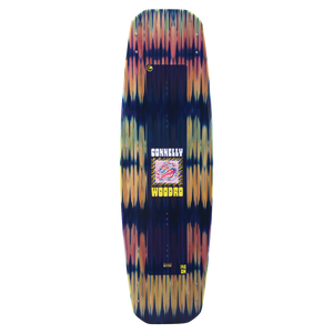 Top view of the Woodro wakeboard with a blue and yellow gradient pattern and large white "Connelly" text.