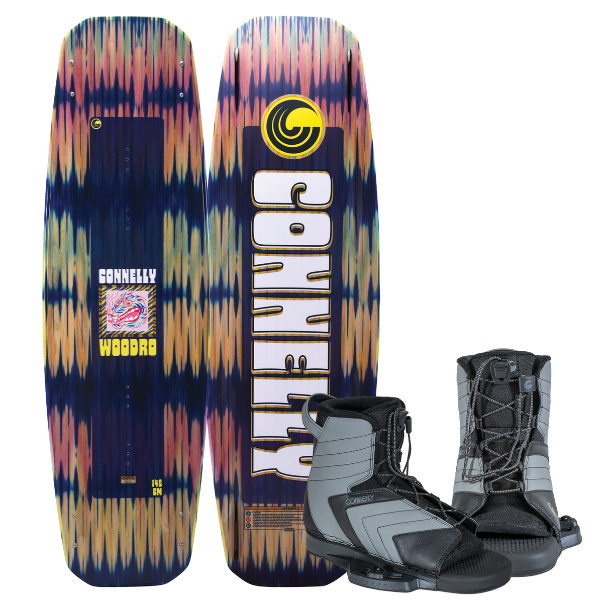Front and back view of the Woodro wakeboard with Optima bindings, featuring a blue gradient pattern and white branding.