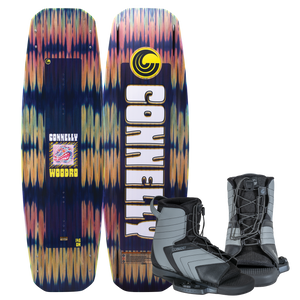 Front and back view of the Woodro wakeboard with Optima bindings, featuring a blue gradient pattern and white branding.