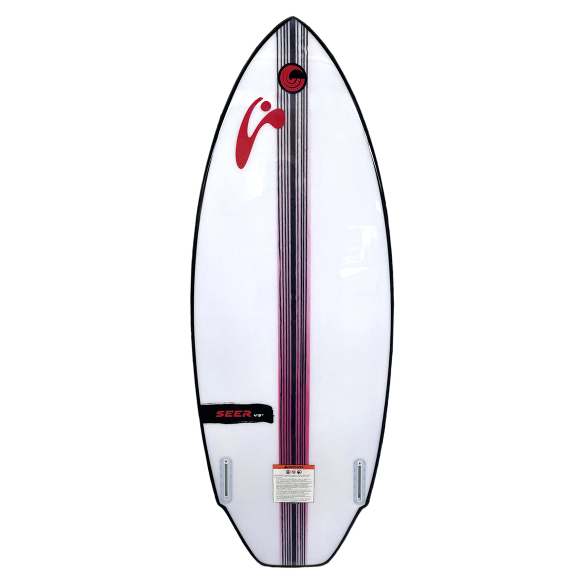 Base view of the Seer board with vertical stripe graphic and dual fin boxes.