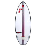 Base view of the Seer board with vertical stripe graphic and dual fin boxes.