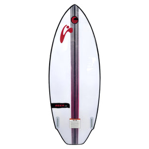 Base view of the Seer board with vertical stripe graphic and dual fin boxes.