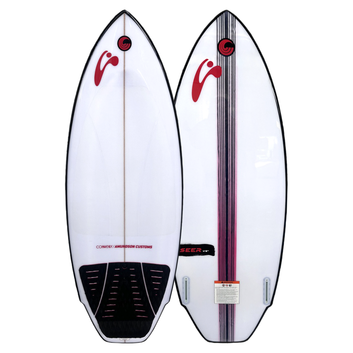 Top and base view of the Seer board with white deck and black pad beside back view with stripe graphic.