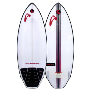 Top and base view of the Seer board with white deck and black pad beside back view with stripe graphic.