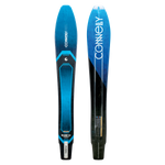 Blue and black Connelly Big Daddy water ski shown in top and base views with geometric design and logo.