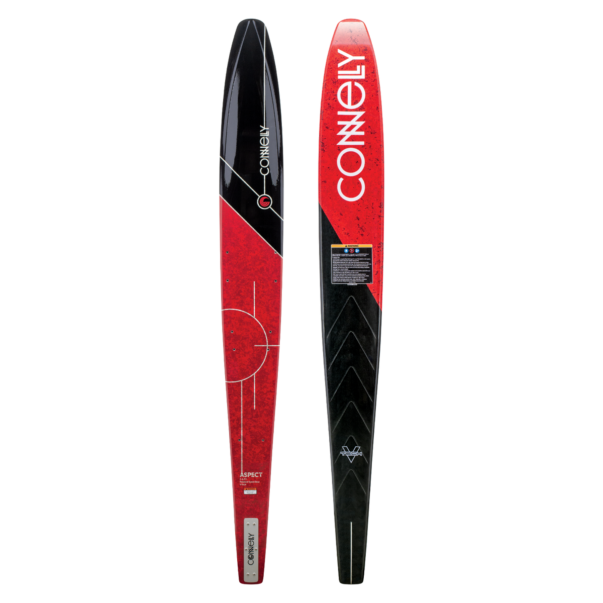 Front and back views of the Connelly Aspect water ski, showcasing its red and black color scheme.