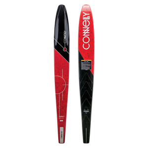 Front and back views of the Connelly Aspect water ski, showcasing its red and black color scheme.