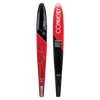 Front and back views of the Connelly Aspect water ski, showcasing its red and black color scheme.