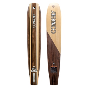 Connelly Big Easy ski, top and base view, featuring a woodgrain finish with black and yellow stripe accents.