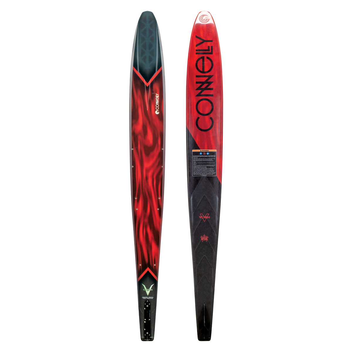 Side-by-side view of the 2024 Carbon V, showing both top and base with deep crimson, black carbon, and angular graphics.