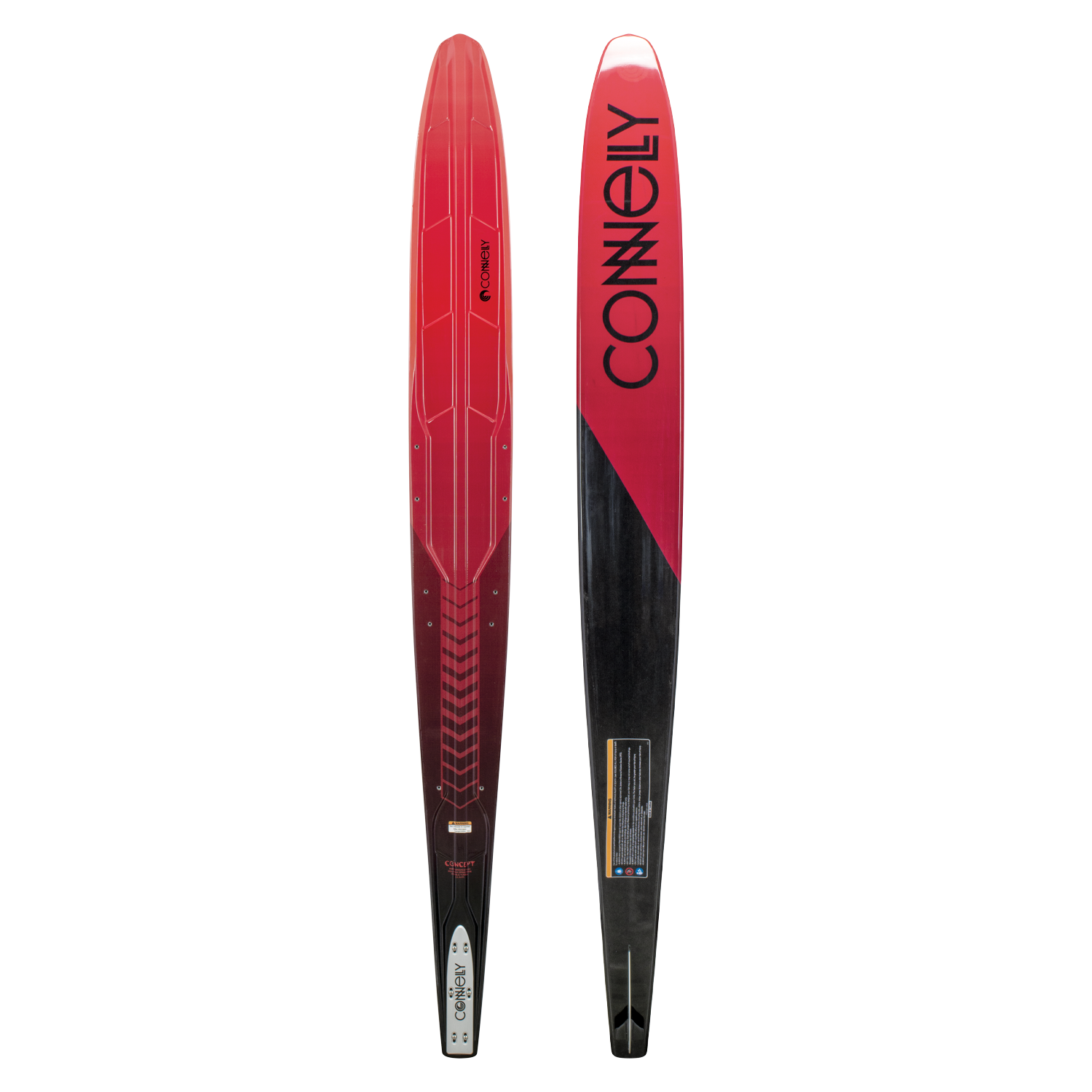 Full view of the 2024 Men's Concept ski, displaying both the top and base in a red-to-black gradient.