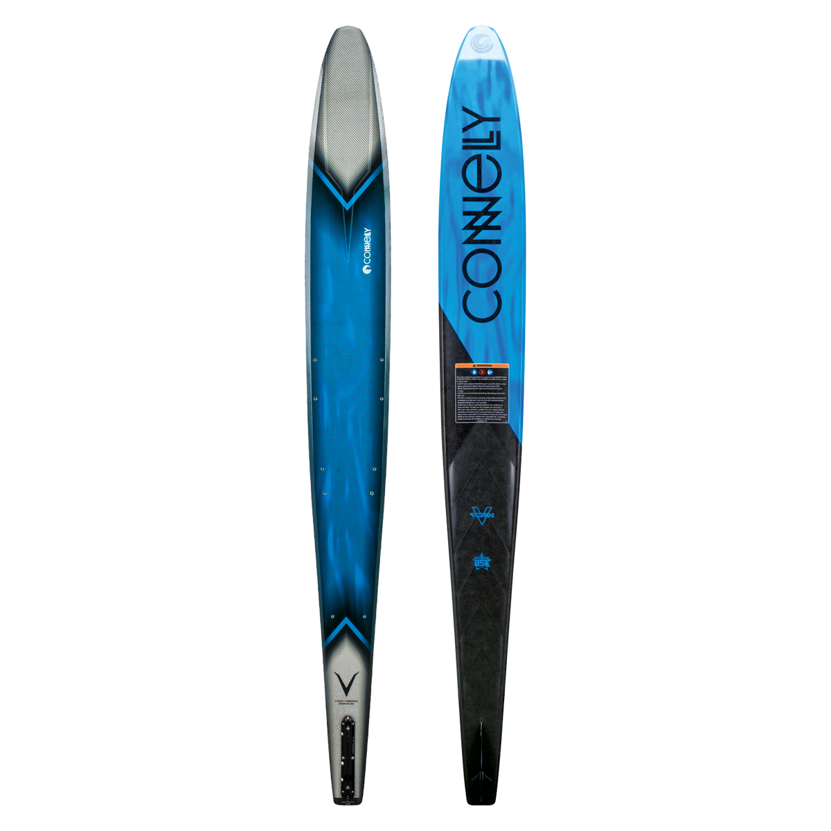 Top and base view of the 2024 V ski, featuring a blue gradient top and a bold black base with Connelly branding.