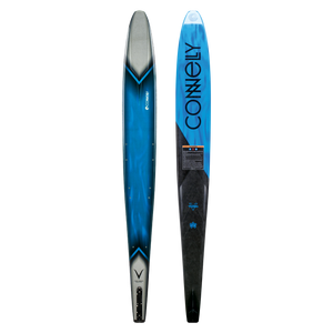 Top and base view of the 2024 V ski, featuring a blue gradient top and a bold black base with Connelly branding.