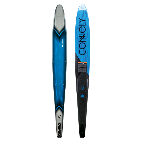 Top and base view of the 2024 V ski, featuring a blue gradient top and a bold black base with Connelly branding.