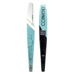 Front and base view of the Women's Aspect ski, showcasing its teal and white top design and contrasting black and teal base.