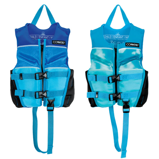 Side-by-side view of the Child Classic Neo life vest in blue and light blue, showing front views with safety features.