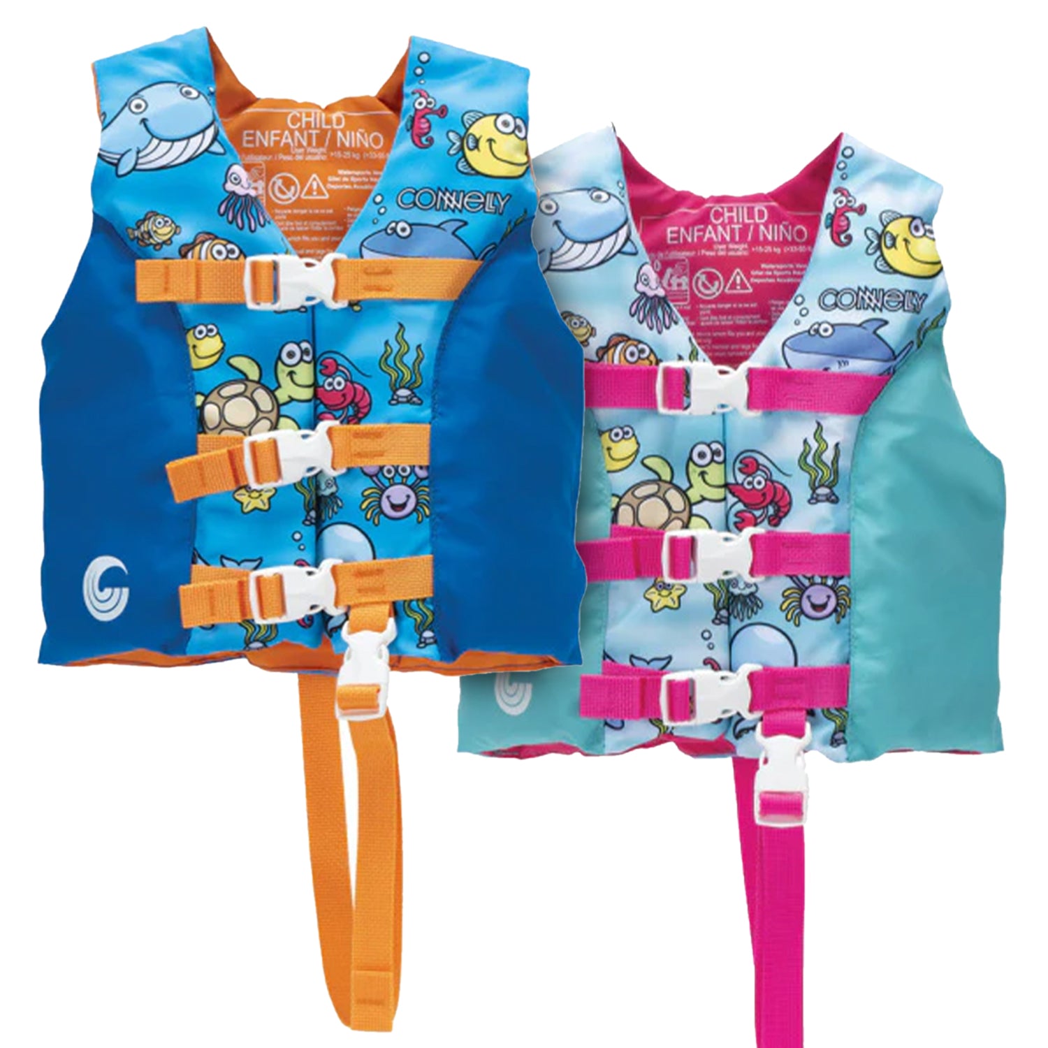 Side-by-side view of Child Premium Nylon life vests in blue/orange and teal/pink with ocean-themed designs.