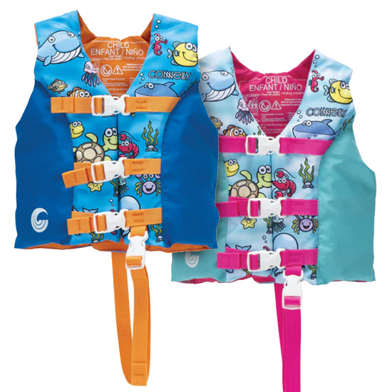 Side-by-side view of Child Premium Nylon life vests in blue/orange and teal/pink with ocean-themed designs.