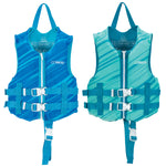 Side-by-side view of Child Promo Neo life vests in blue and teal with diagonal stripe designs and safety straps.