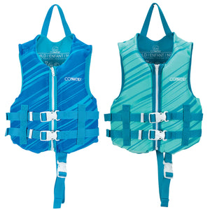 Side-by-side view of Child Promo Neo life vests in blue and teal with diagonal stripe designs and safety straps.