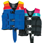 Side-by-side view of Child Retro Nylon life vests in blue and black, featuring colorful shoulder panels and safety straps.