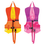 Side-by-side infant life vests in orange/yellow and pink/purple, featuring zippers, buckle straps, and head support panels.