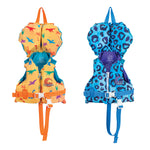 Side-by-side front views of the Infant Premium Nylon life vests in blue leopard print and dinosaur pattern.