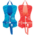 Promo Neo Infant life vests in red and blue with diagonal stripes, zippers, buckles, and leg straps.