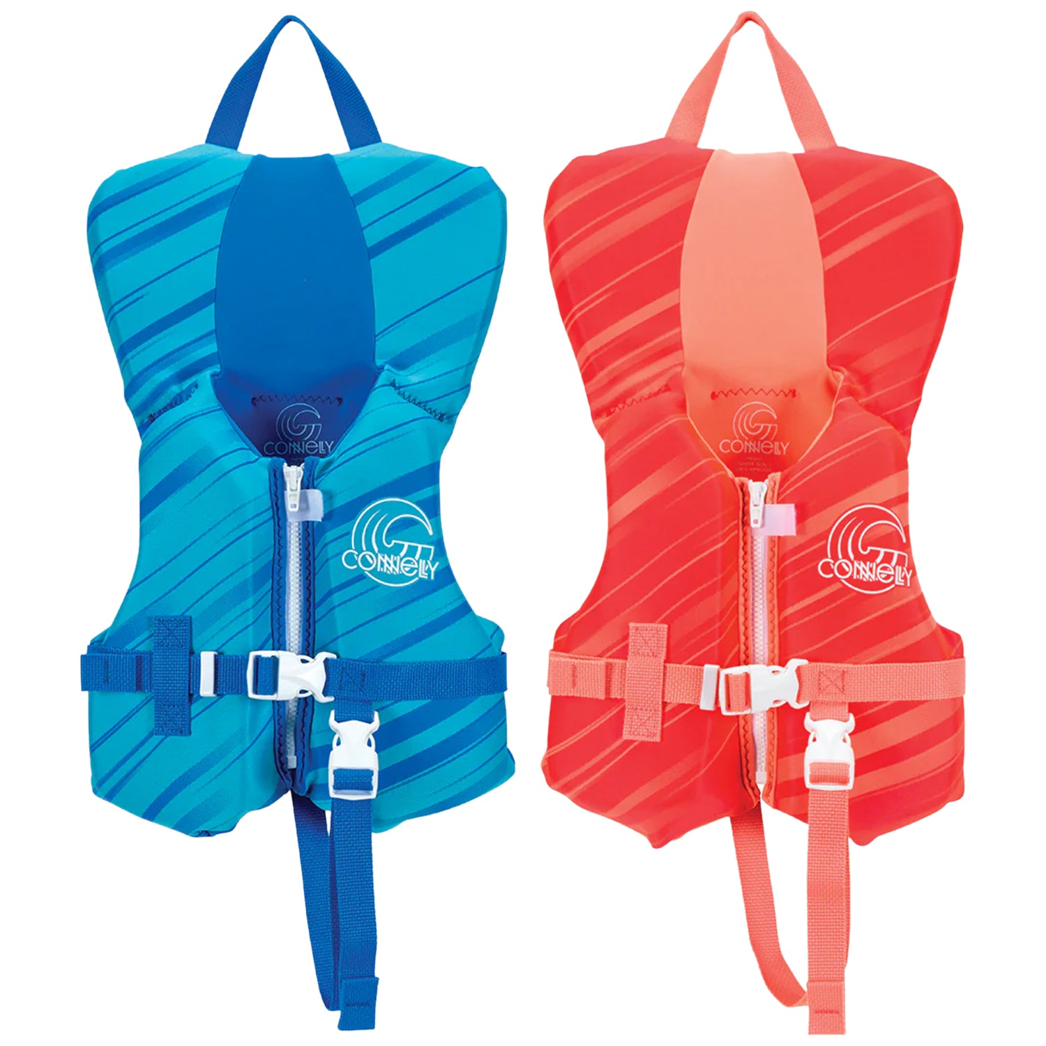 Promo Neo Infant life vests in red and blue with diagonal stripes, zippers, buckles, and leg straps.