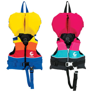 Retro Nylon Infant life vests; boys' has a yellow headrest with red, orange, and blue panels, girls' has pink and teal.