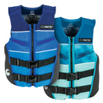 Two Junior Classic Neo life vests, one in blue and one in teal, side by side showcasing available color options.