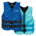 Two Junior Promo Neo life vests, one in blue and one in teal, displayed side by side showing both color options.